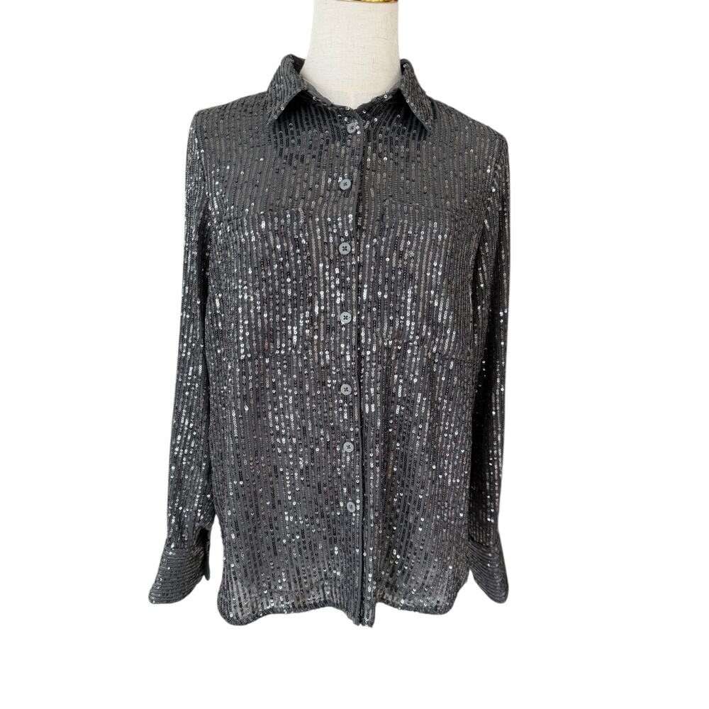 Anthropologie Remie Sequin Buttondown Top Slate Gray Sparkle Glam Party M